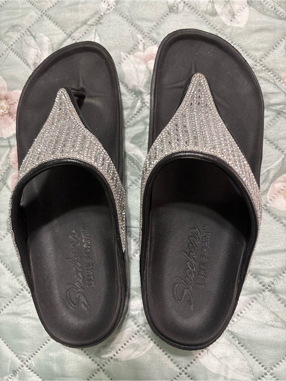 Skechers Women's Black Sandals with Silver Sparkle Straps